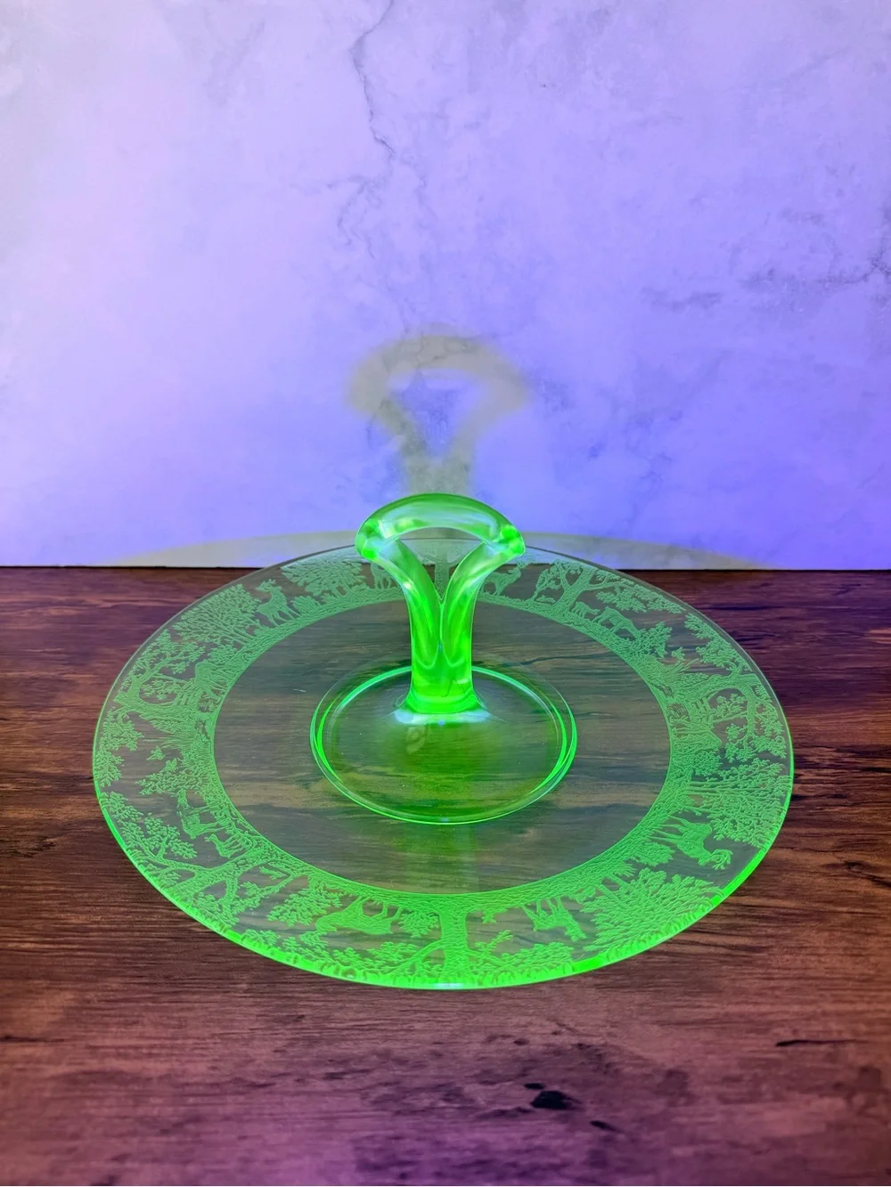 Vintage Tiffin Deerwood Uranium Glass Center Handle Tidbit Tray Etched Deer